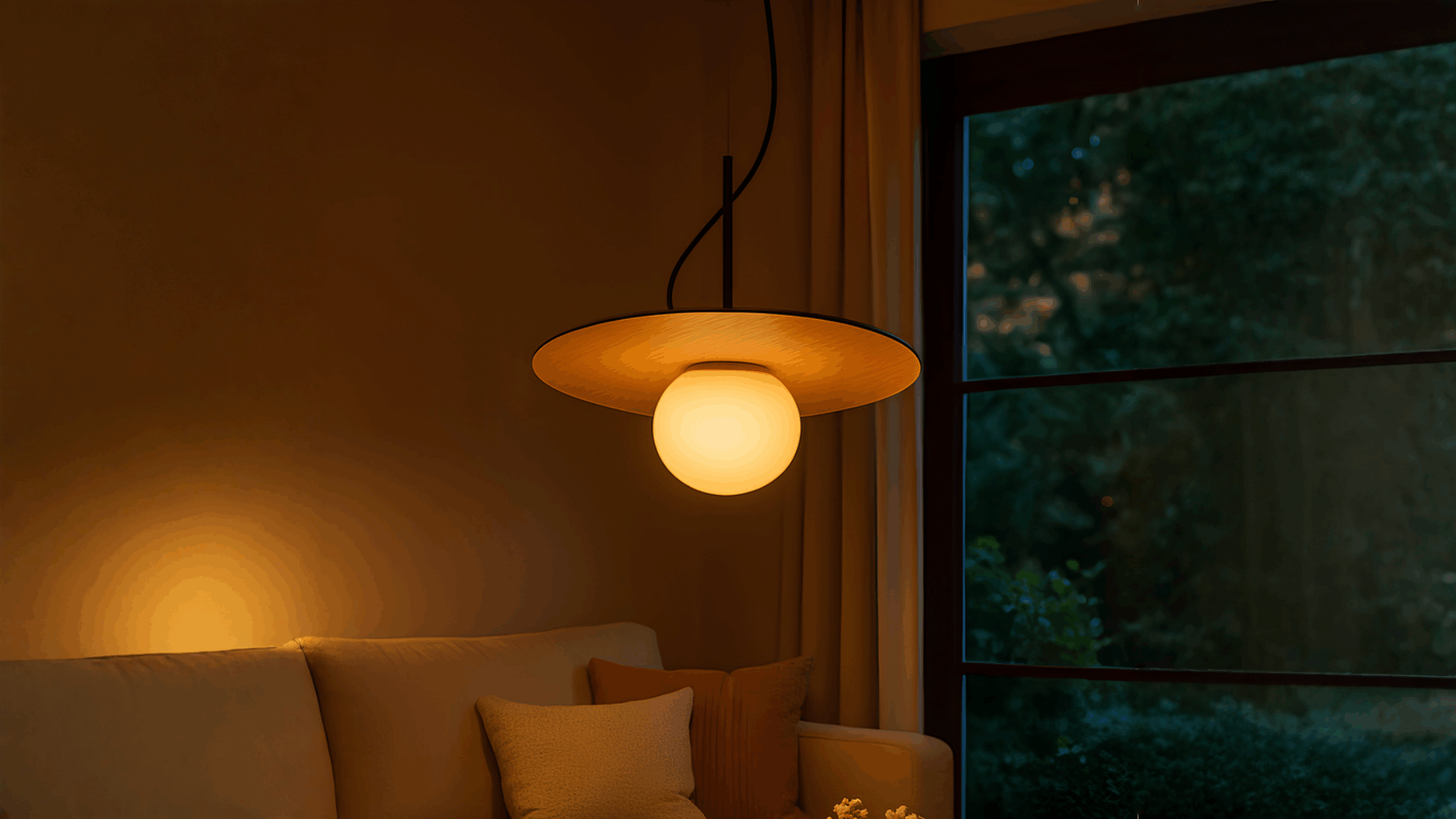 A modern pendant lamp with a round shade brings warmth and ambience above a beige sofa in a dimly lit living room, next to a large window showing trees outside at dusk.